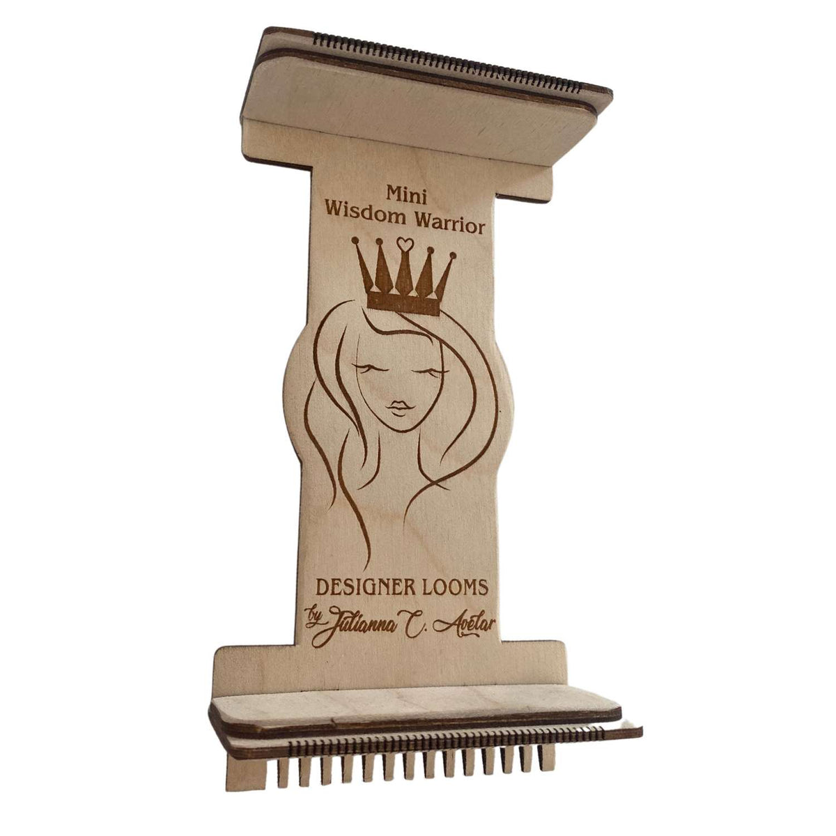 A wooden mini bead loom with a design featuring a woman&#39;s face at the top and the text &#39;Mini Wisdom Warrior&#39; along with the brand name &#39;Jewel Loom&#39;.