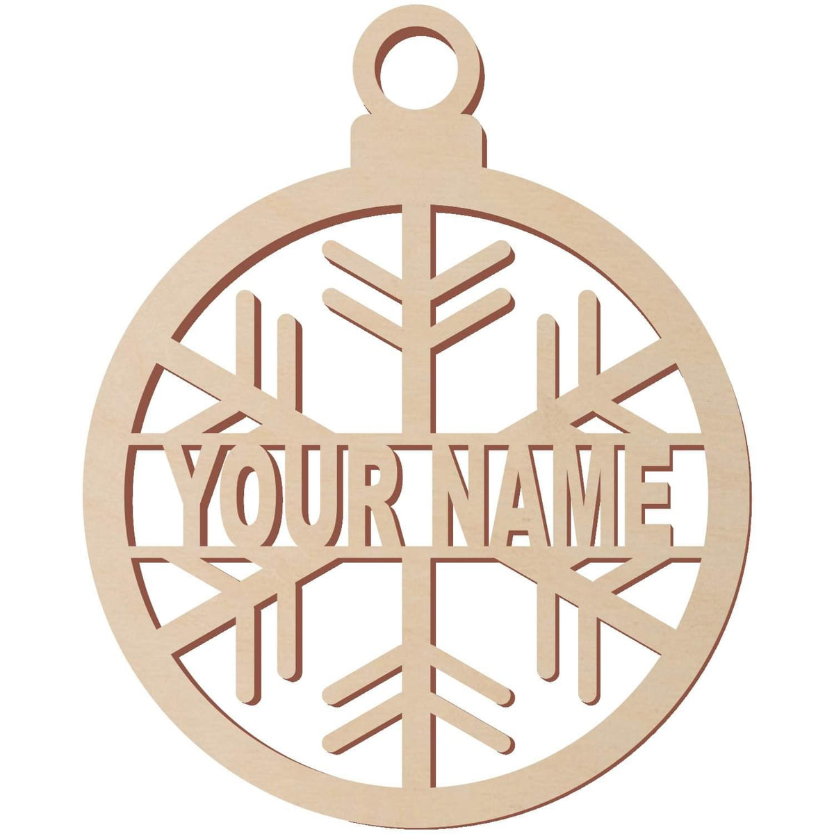 Baltic Birch Round Ornament with Snow Flakes. The words Your Name appear in this image as an indicator where you can personalize the ornament 