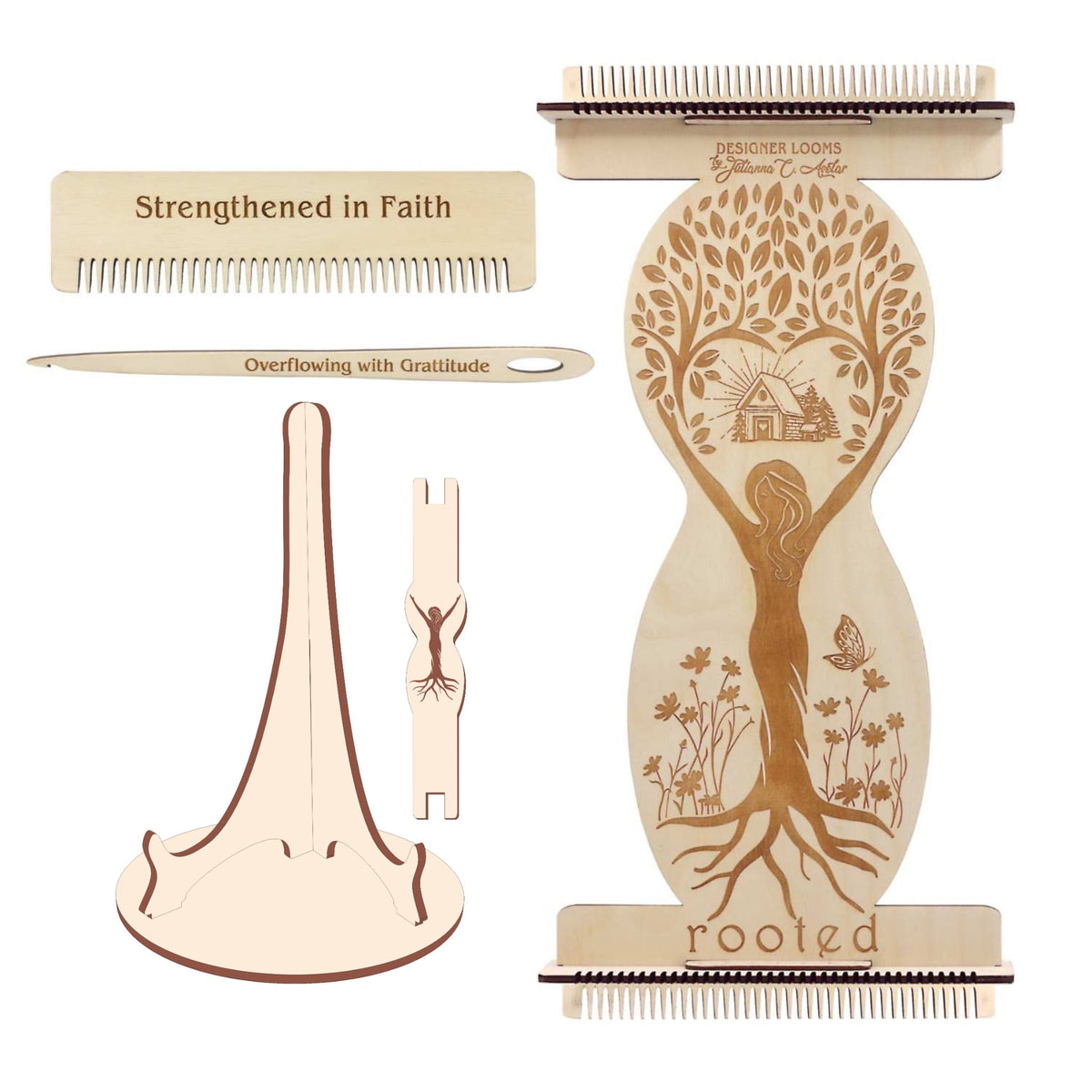 This is the ROOTED kit including a large loom with laser design, a comb, a needle, a shuttle, and a display stand, all crafted from sustainable baltic birch wood. The background is white