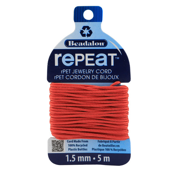 RePEaT, 100% Recycled PET Braided Cord, 12 Strand, 1.5 mm / .059 in, 125 lb / 56.7 kg, Break Strength, Coral, 16.4 ft / 5 m