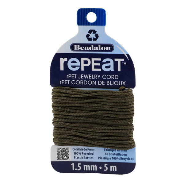 RePEaT, 100% Recycled PET Braided Cord, 12 Strand, 1.5 mm / .059 in, 125 lb / 56.7 kg, Break Strength, Earth, 16.4 ft / 5 m