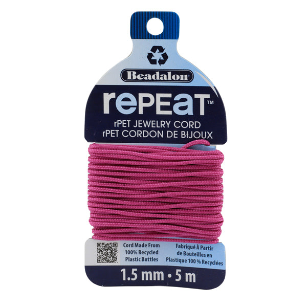 RePEaT, 100% Recycled PET Braided Cord, 12 Strand, 1.5 mm / .059 in, 125 lb / 56.7 kg, Break Strength, Fuchsia, 16.4 ft / 5 m