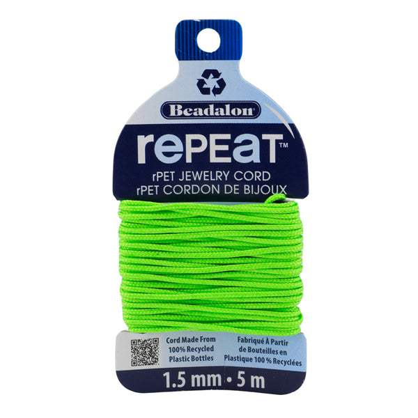 RePEaT, 100% Recycled PET Braided Cord, 12 Strand, 1.5 mm / .059 in, 125 lb / 56.7 kg, Break Strength, Lime Green, 16.4 ft / 5 m