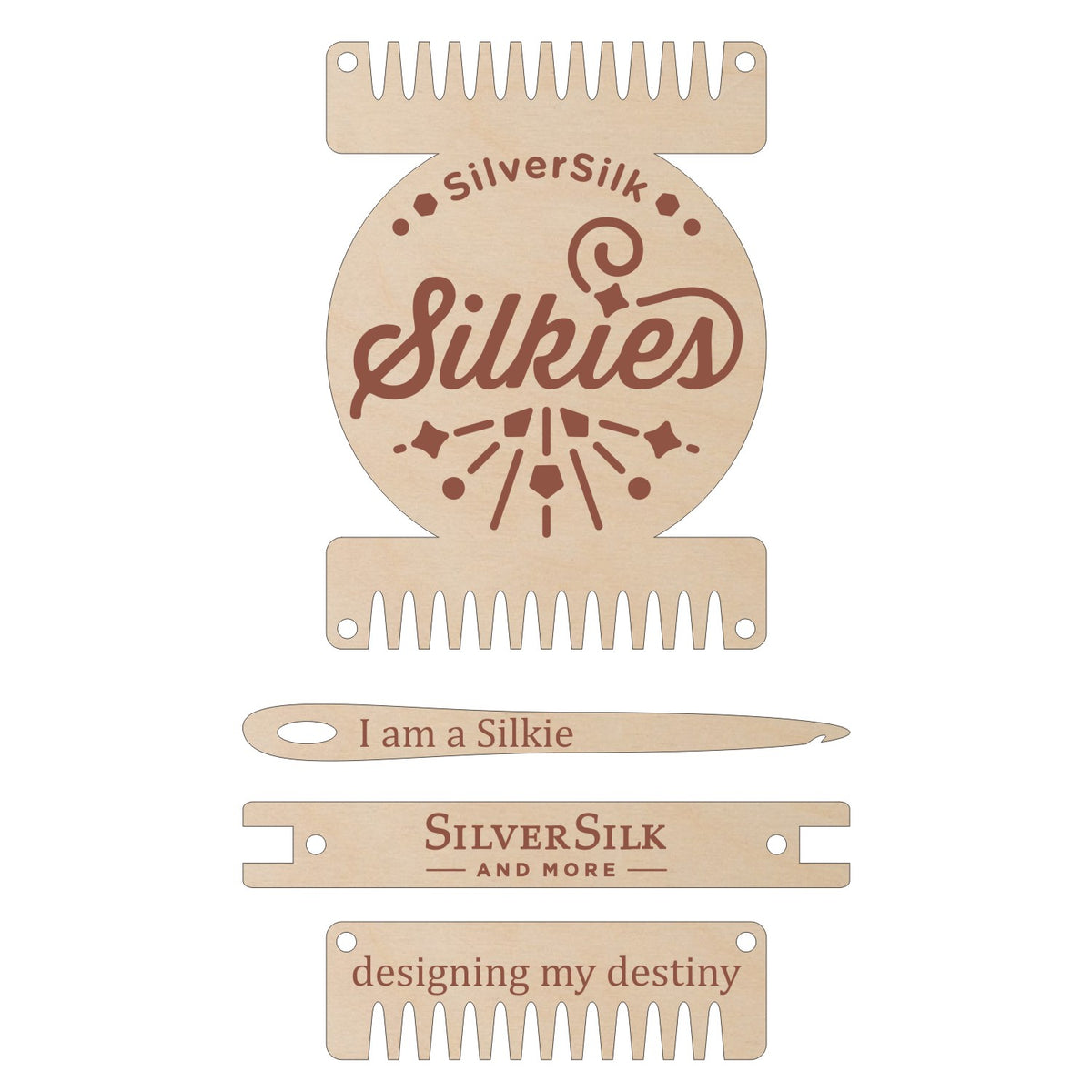 A SilverSilk branded necklace loom made of Baltic Birch wood, including a needle, comb, and shuttle, with engraved text and designs.