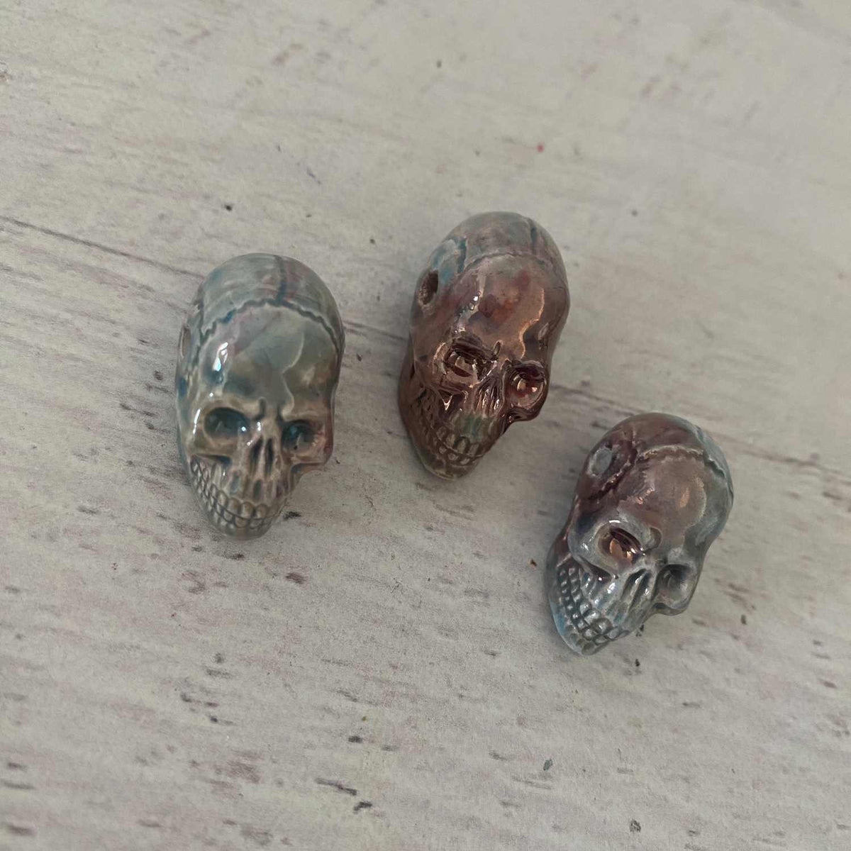 RAKU Fired Skull Head Bead with Hole 3 Piece Set