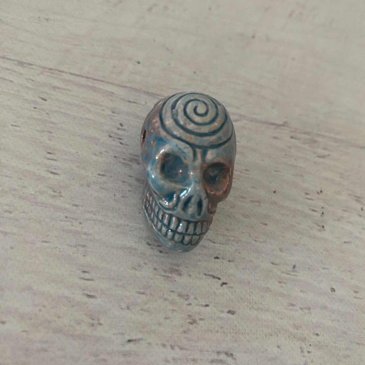 RAKU Fired Large Skull Head Blue Copper with Holes 2 Pieces