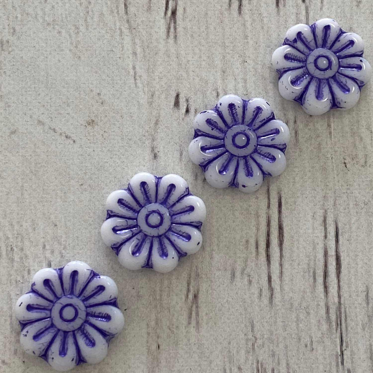 Czech Glass Flowers 18mm Opaque White with Purple Wash 4 pcs