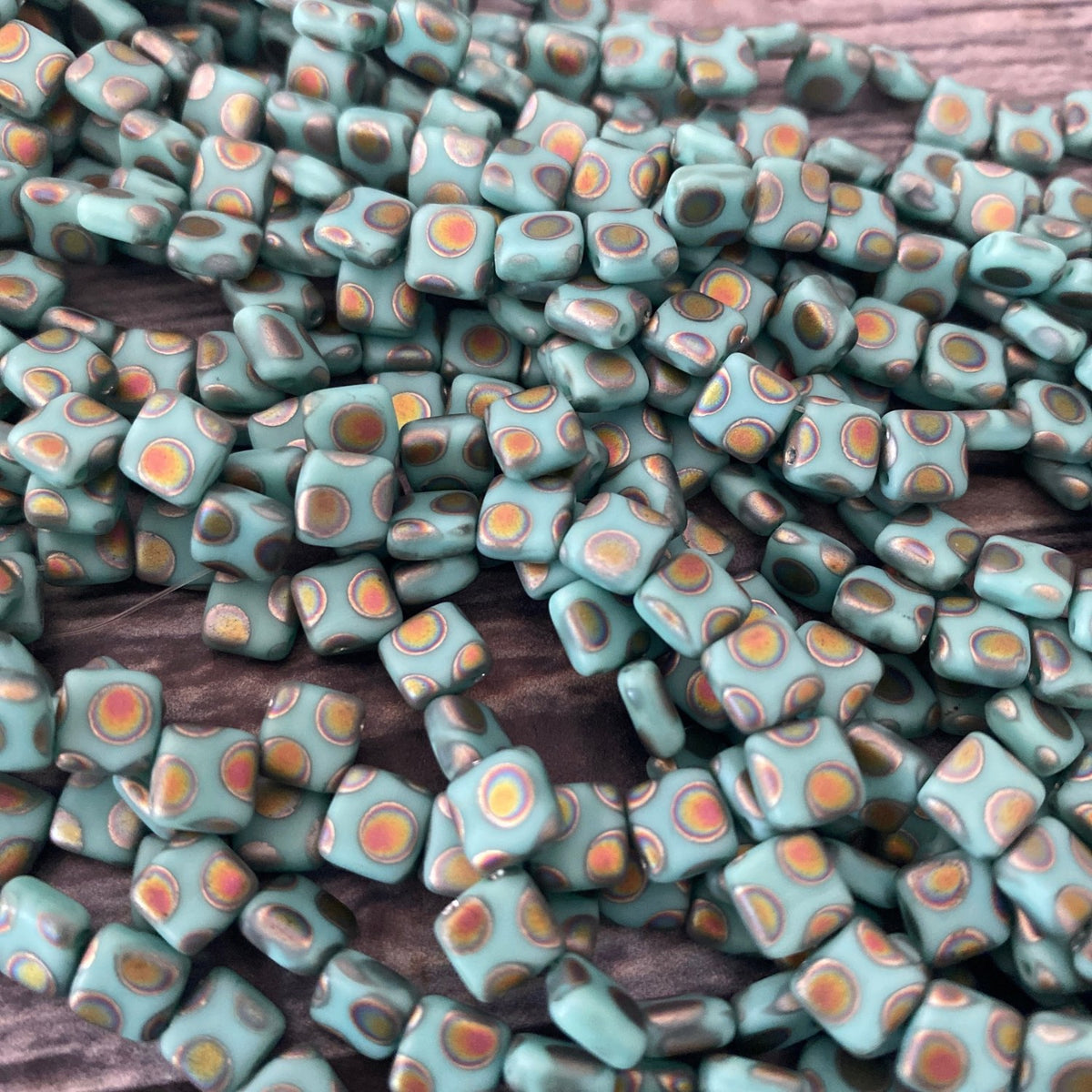 Czech Glass Tile Bead Turquoise Peacock 6mm Vitrial Finish 25 pcs