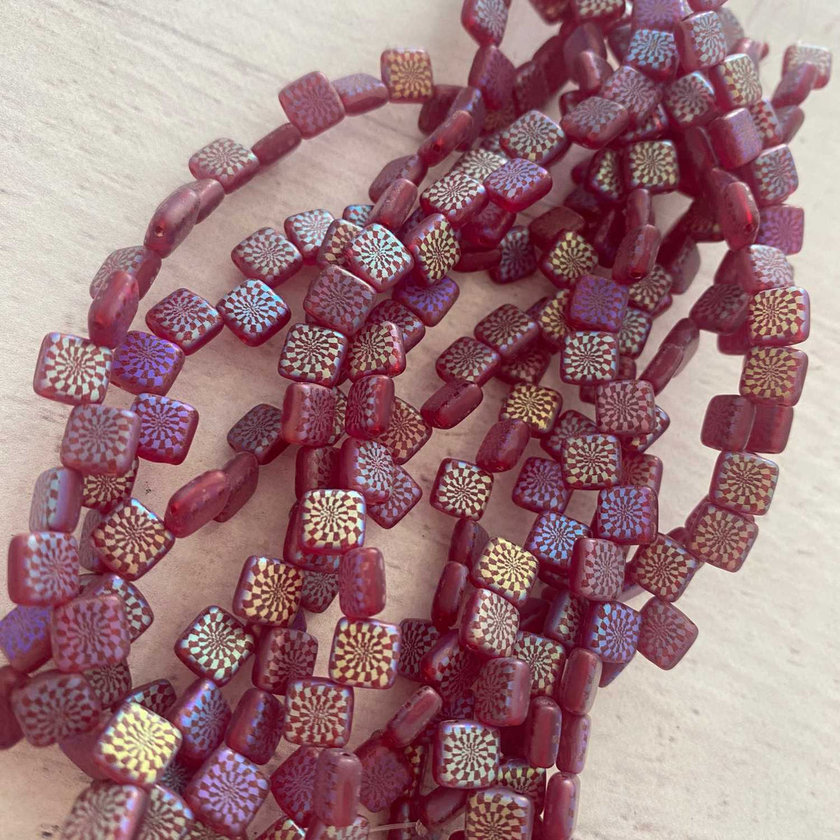 Czech Glass Tile Bead Cranberry with Laser Images 6mm 25 pcs