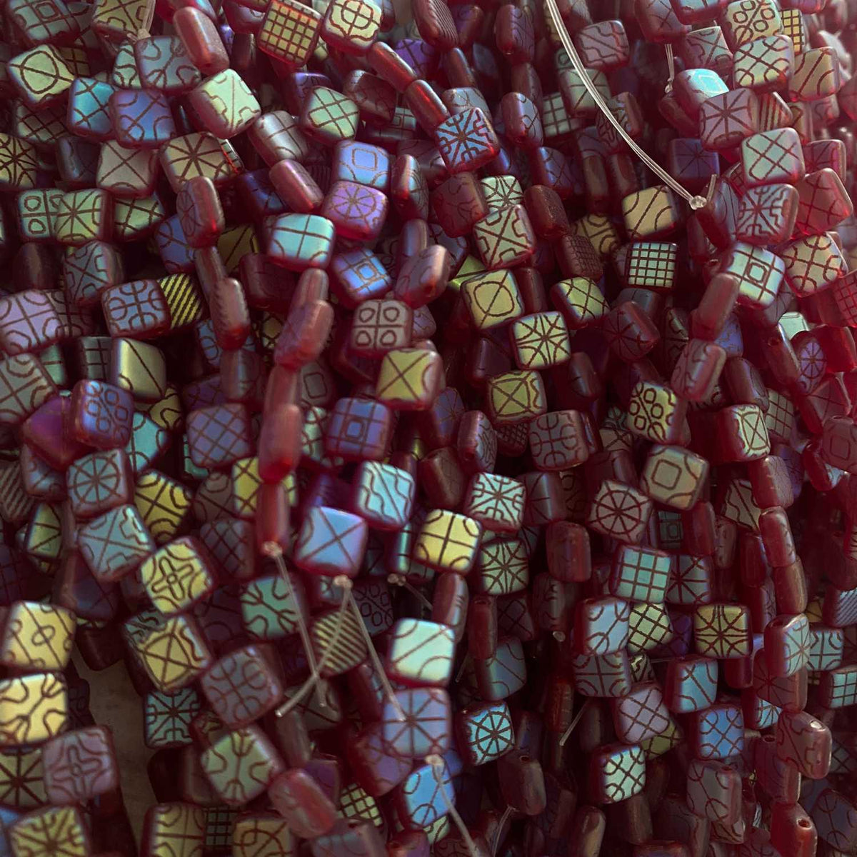 Czech Glass Tile Bead Cranberry Laser Multiple Designs 6mm 25 pcs