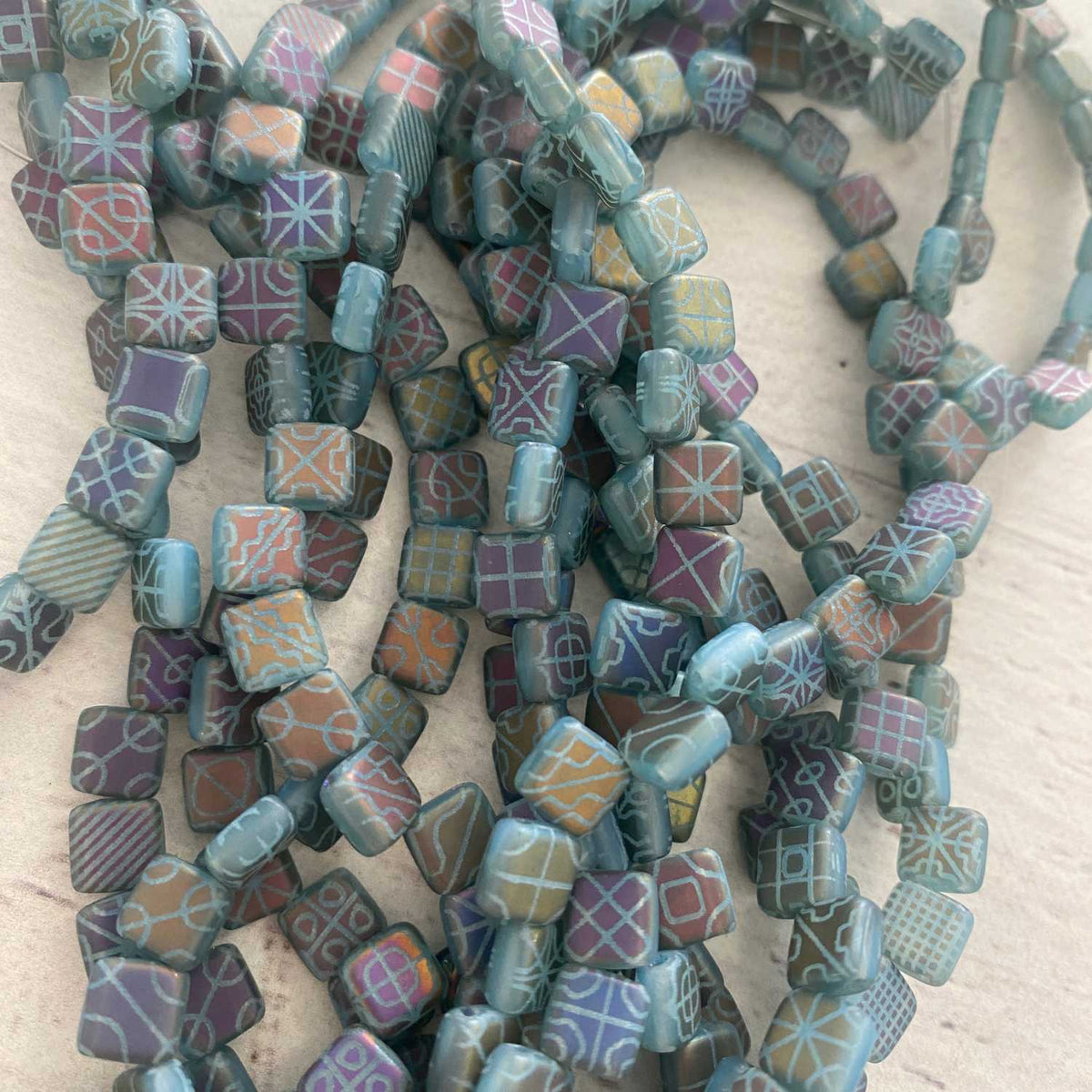 Czech Glass Tile Bead Turquoise Matte with Laser Images 6mm 25 pcs