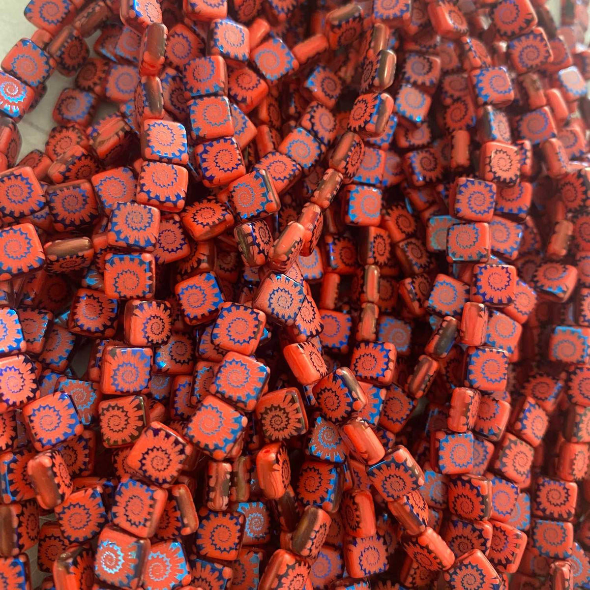 Czech Glass Tile Bead Red with Metallic Blue Trim and Laser Swirl 6mm 25 pcs