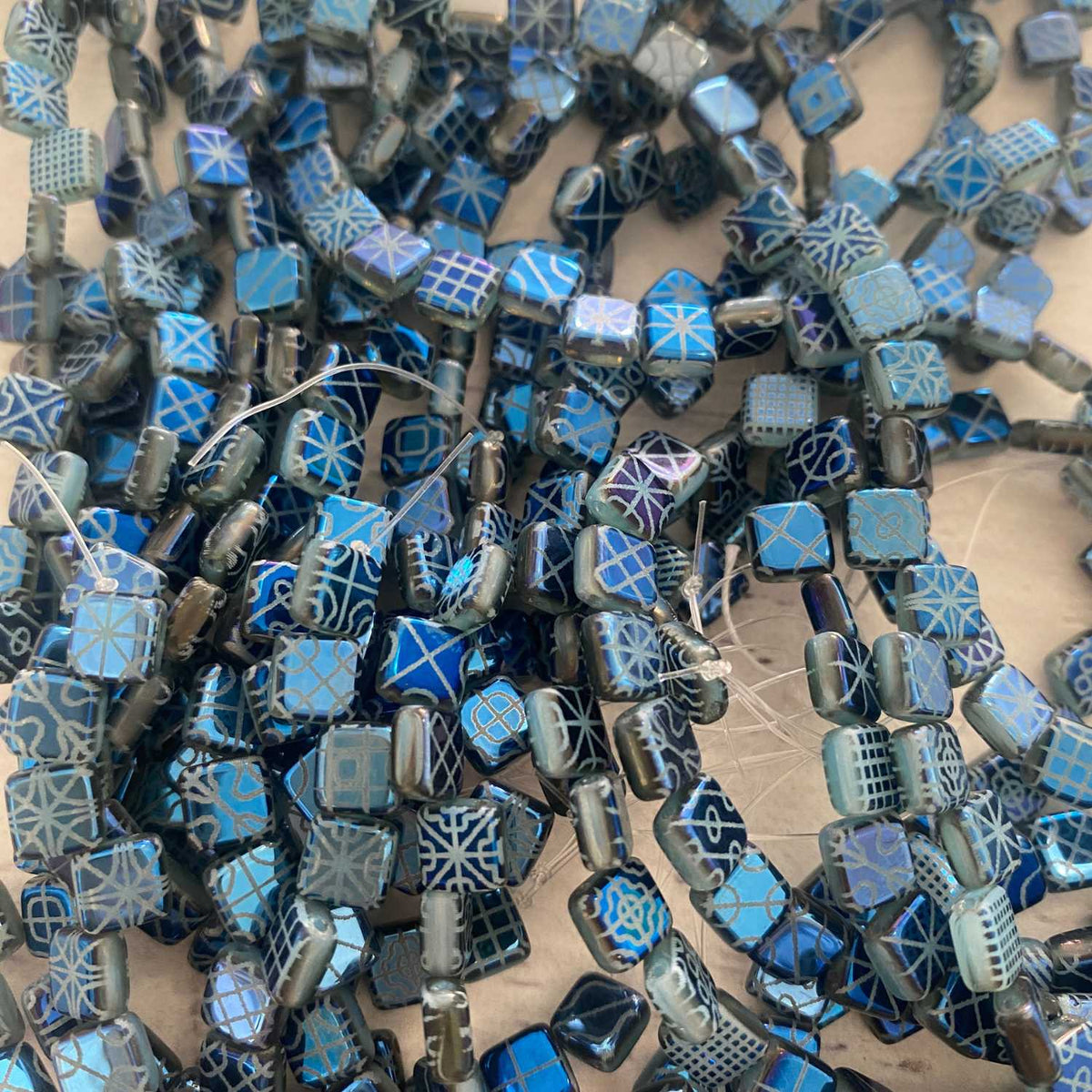 Czech Glass Tile Bead Metallic Blue with Laser Designs 6mm 25 pcs