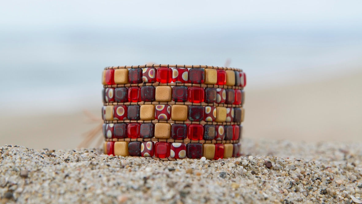 Red and gold Czech glass tile bead cuff bracelet woven on the Beadalon Jewel Loom by Julianna C. Avelar