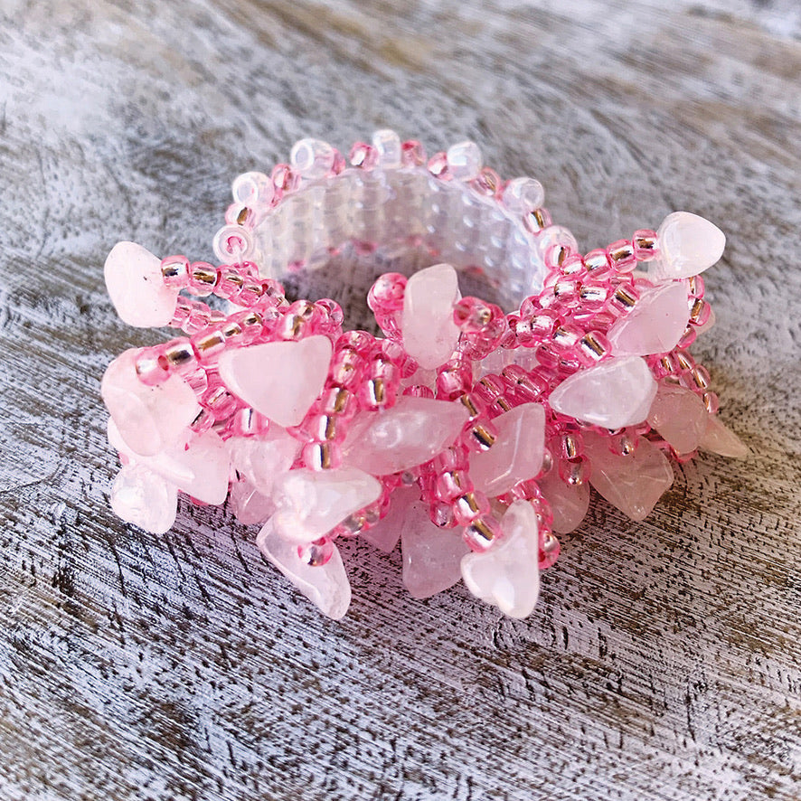  Pink seed bead band covered in rose quartz chips, made on the Beadalon Jewel Loom by Julianna C. Avelar