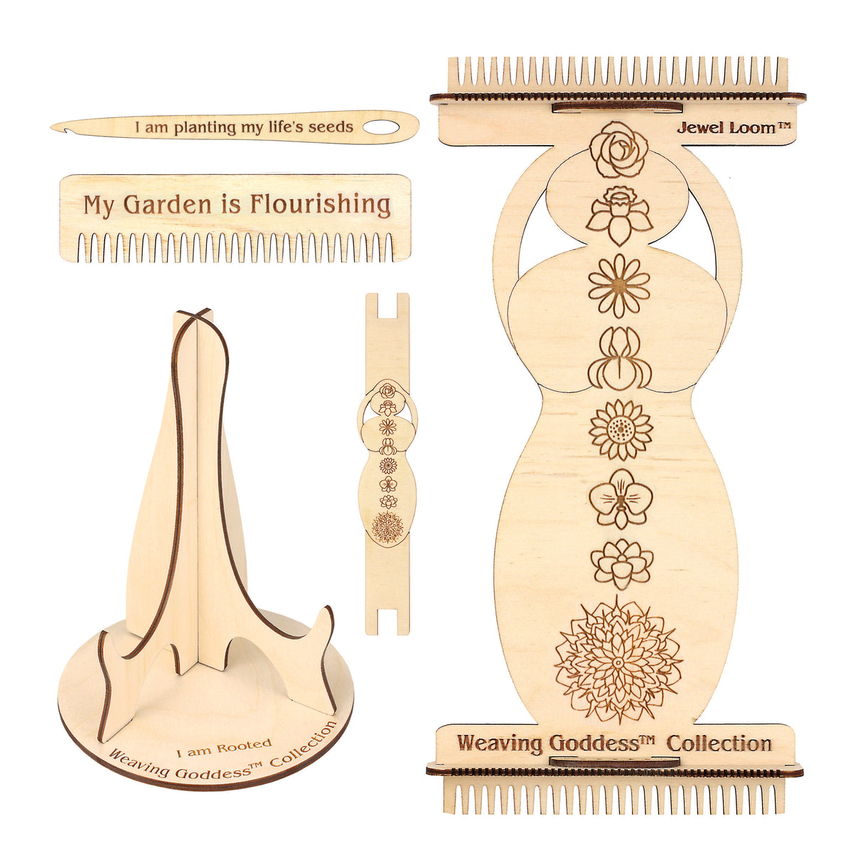 A collection of wooden weaving tools designed for creative projects, including a large loom with floral patterns, a stand, needle, comb, and shuttle.