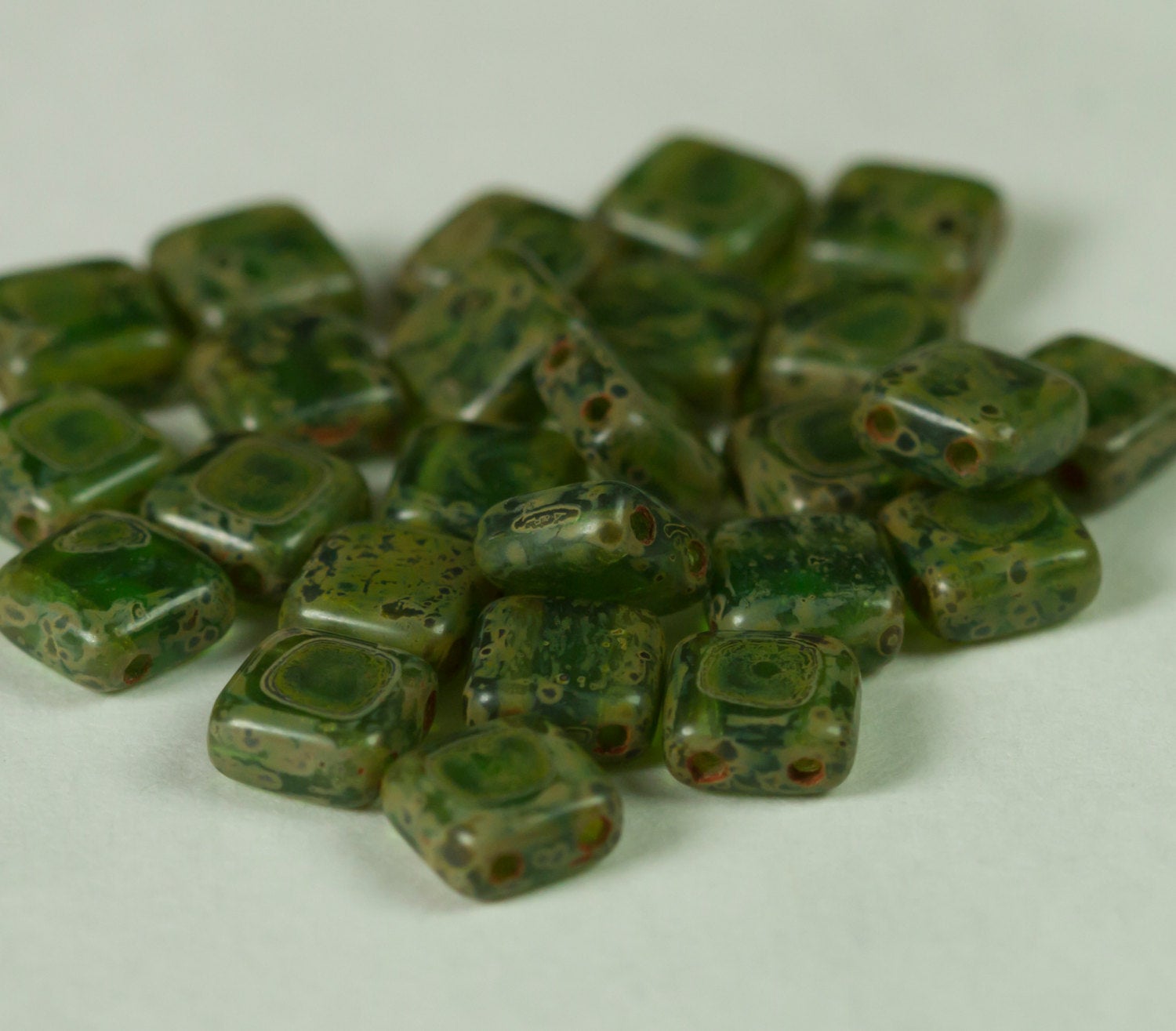 Beads Two Hole Czech Glass 6mm Tile Bead Light Forest Green Travertine  25 pcs TH56