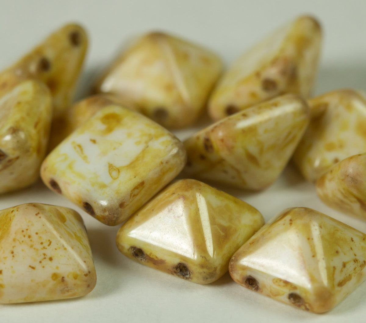 Czech Glass Beads two hole 12mm Pyramid White Travertine
