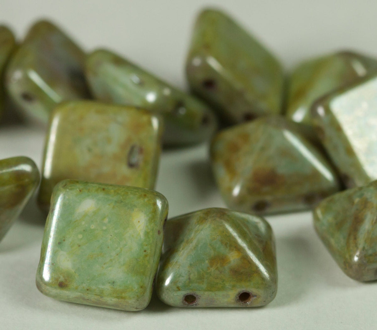 Czech Glass 2hole 12mm Pyramid Sage Luster