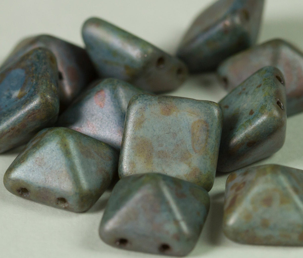 Czech Glass 2hole 12mm Pyramid Sage Travertine