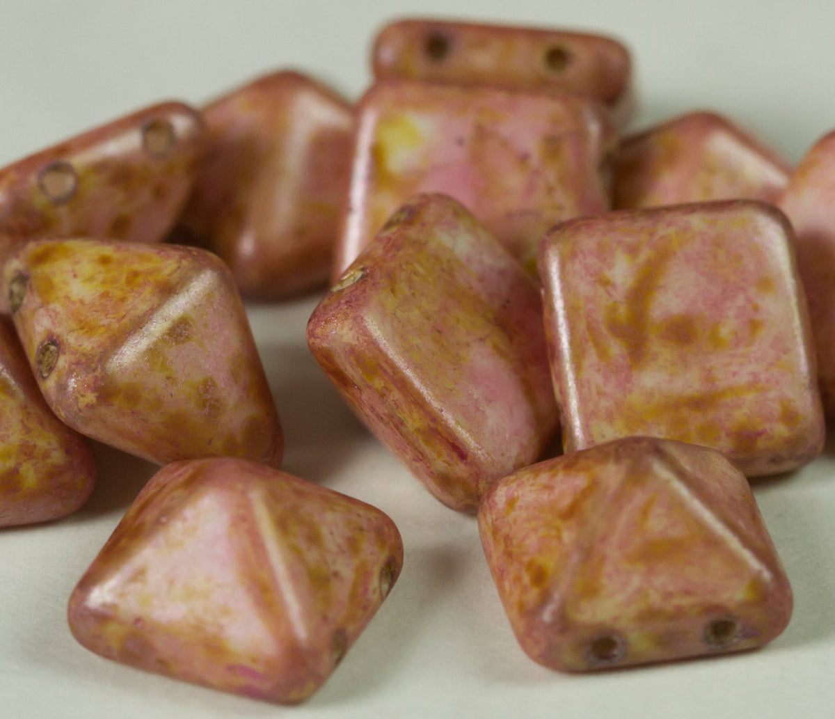 Czech Glass two hole 12mm Pyramid Matte Rose Travertine