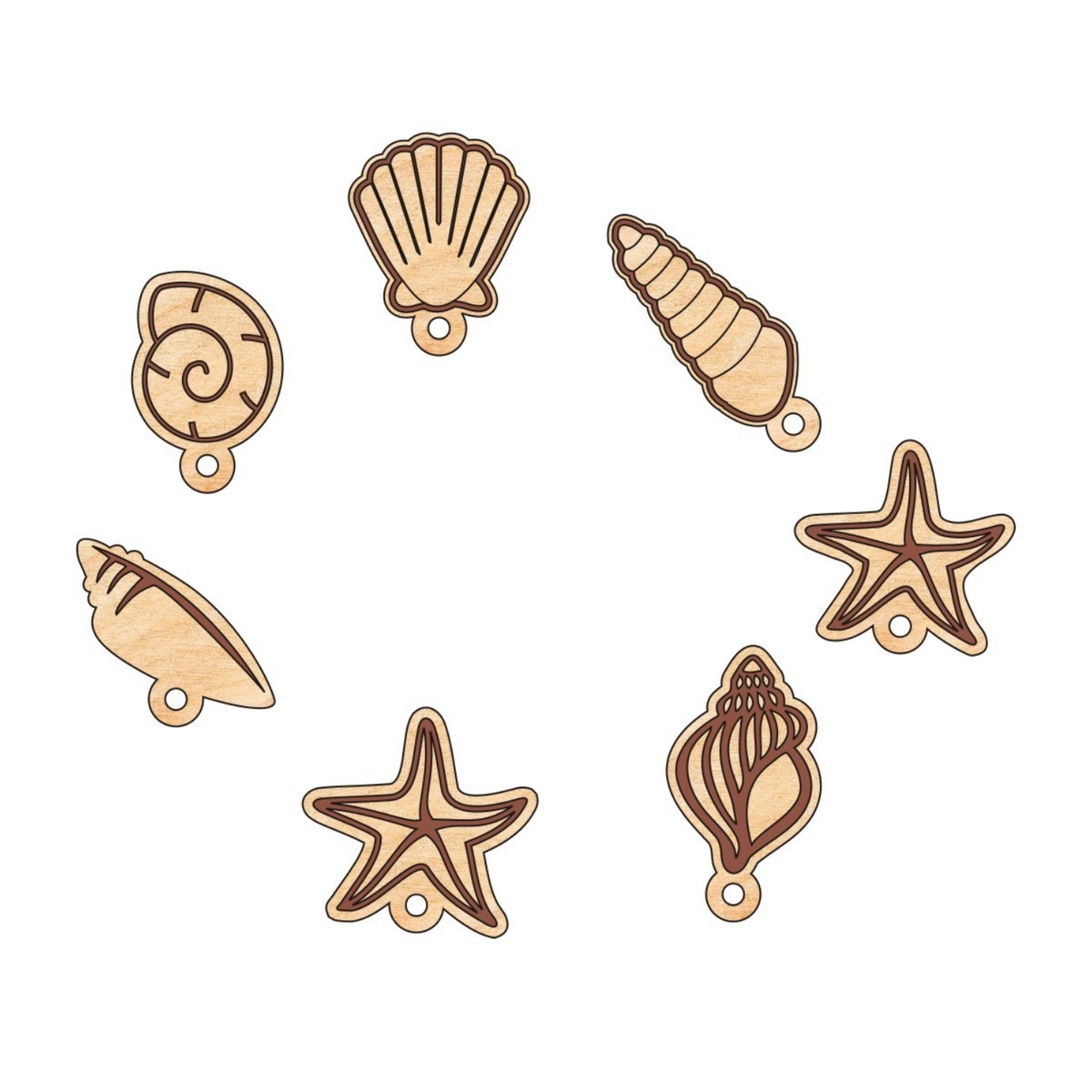 Jewel Loom Wood Charms SeaShells Collection 7 Pieces