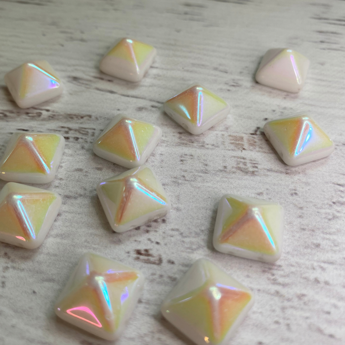 Czech Glass two hole 12mm Pyramid White AB