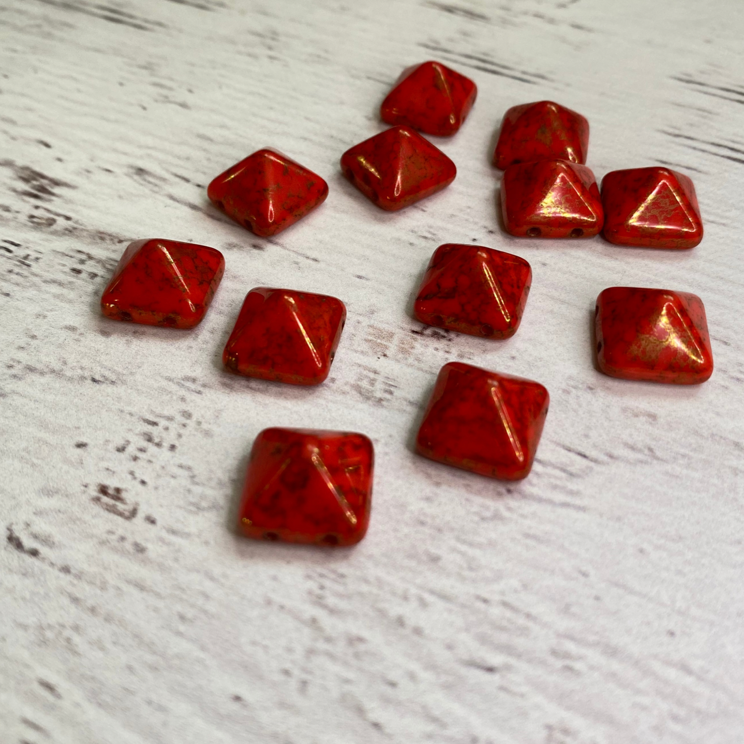 Czech Glass two hole 12mm Pyramid Red Orange/Gold