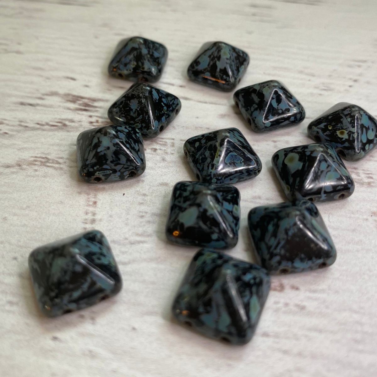 Czech Glass two hole 12mm Pyramid Jet Travertine