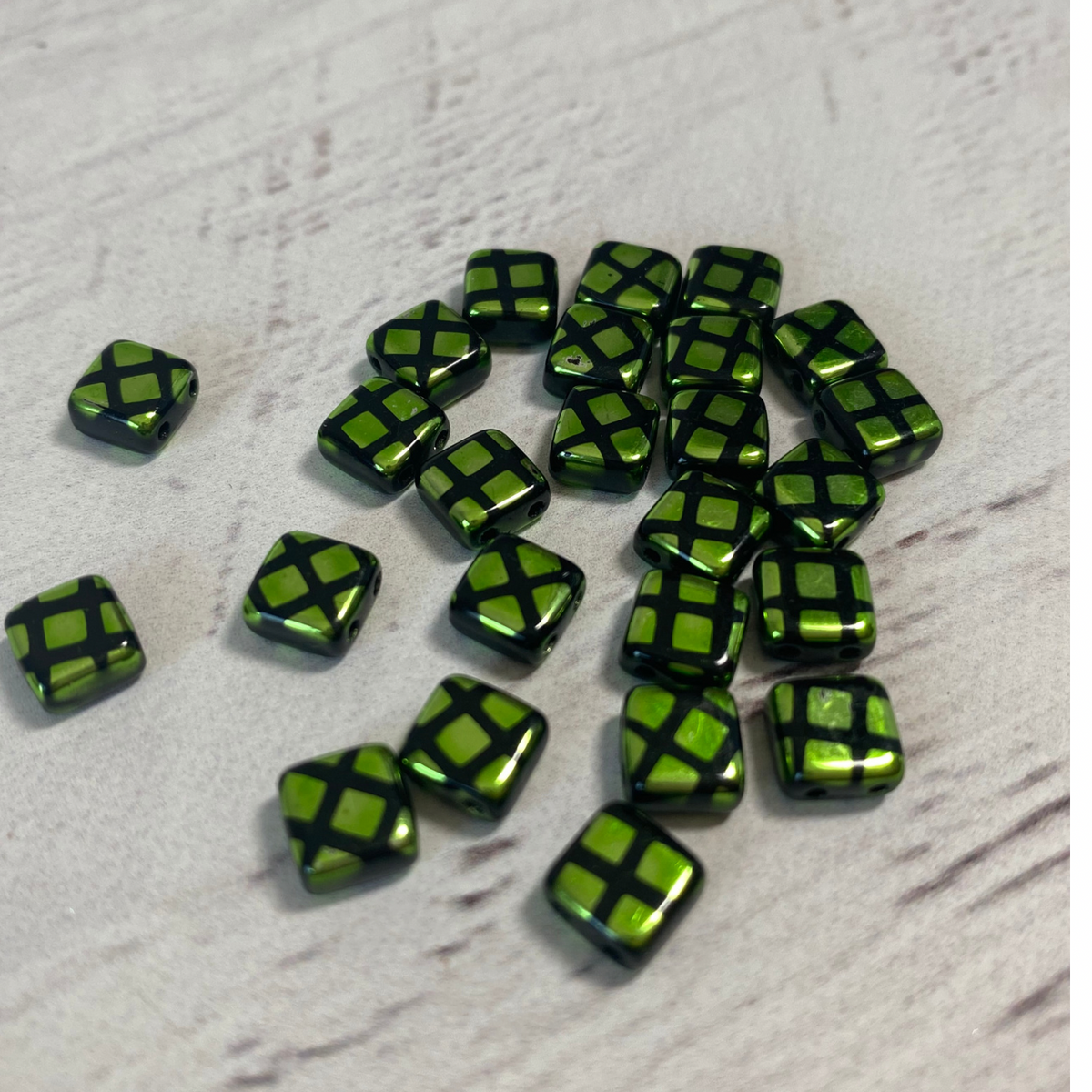 Czech Glass 6mm Tile Metallic Lime Green w/Black lines